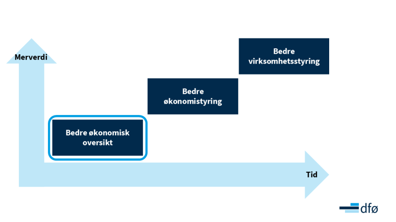 Graf som viser at jo mer verdi og tid man legger i informasjon fra regnskapet, jo bedre økonomisk oversikt, bedre økonomistyring og bedre virksomhetsstyring vil man få. Fokus i grafen er på bedre økonomisk oversikt.