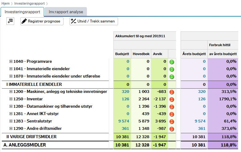 Skjermbilde fra Økonominfo viser investeringsrapporten med budsjett, hovedbok, og avvik akkumulert per aktuell periode. Rapporten er gruppert etter anleggsgruppe og inndeling i balansen med immaterielle eiendeler og varige driftsmidler. Det er også en egen kolonne for trafikklys som indikerer forholdet mellom budsjett og regnskap. I tillegg vises årets budsjett og forbruk av årets budsjett i kolonner til høyre.