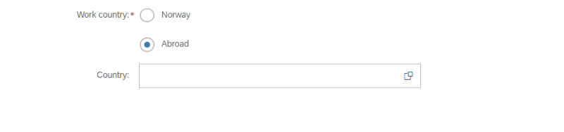 Skjermbilde av arbeidsland med to valg for arbeidsland, Norway eller abroad. 