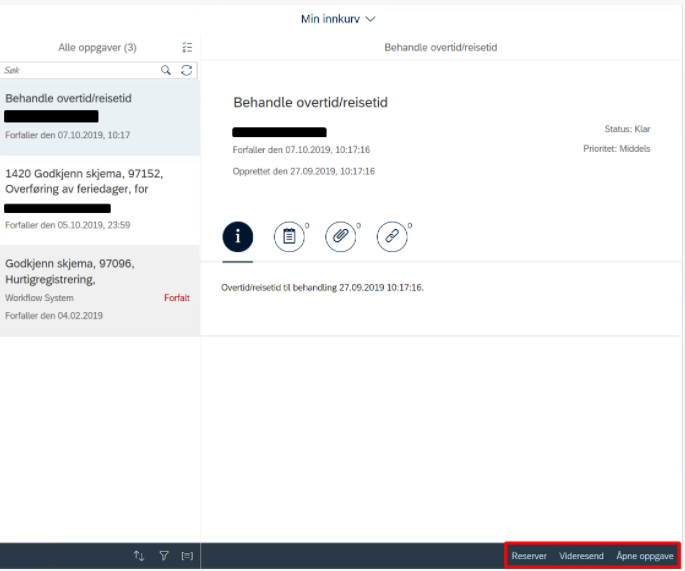 Bilde viser Behandle overtid/reisetid med markering for reservere, videresende eller åpne oppgaven