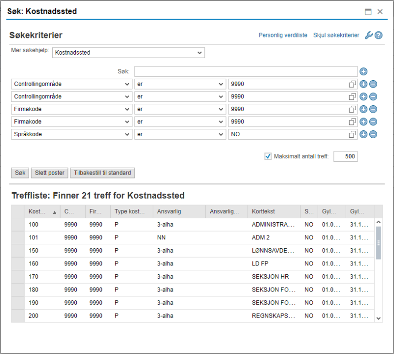 Bildet viser søk etter kostnadssted