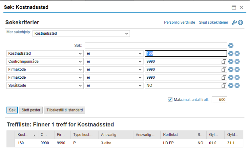 Bildet viser søk etter kostnadssted