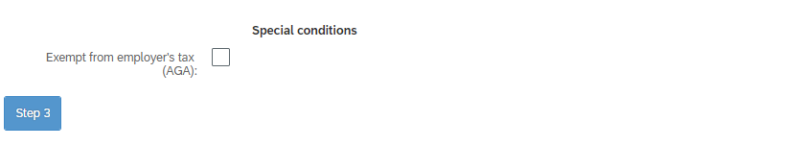 Skjermbilde av spesielle betingelser med en boks for utfyllinger "exempt from employer's tax (AGA)".