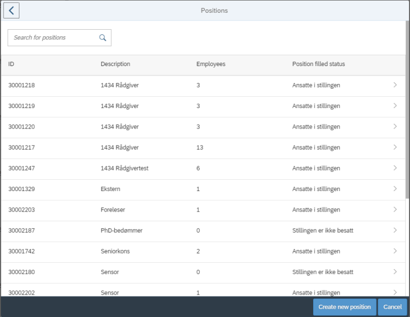 Skjermbilde av ulike stillingskategorier med ID-kode, beskrivelse, ansatte og status.
