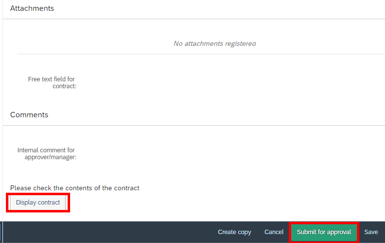 Skjermbilde av vedlegg i timekontrakt med to røde bokser rundt "display contract" og "submit for approval".