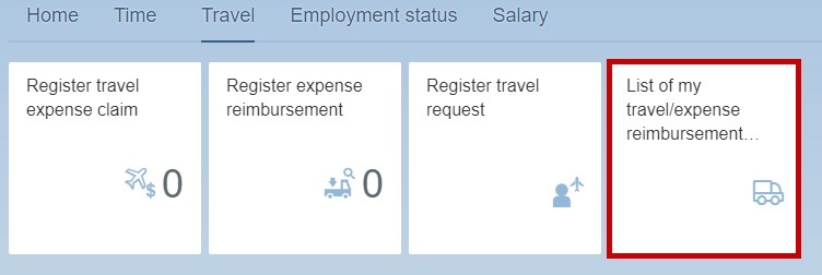 Screenshot displaying the tile "List of my travel/expense reimbursement claims" in the self-service portal.