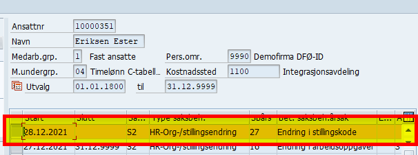 Skjermbilde av hvordan endre stillingskode i DFØ HR.