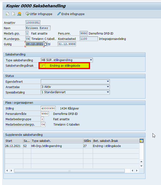 Skjermbilde av hvordan endre stillingskode i DFØ HR.