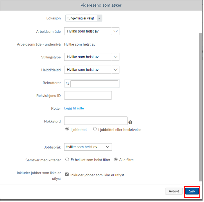 bildet viser hvordan du søker etter ønsket underordnet jobbrekvisisjon