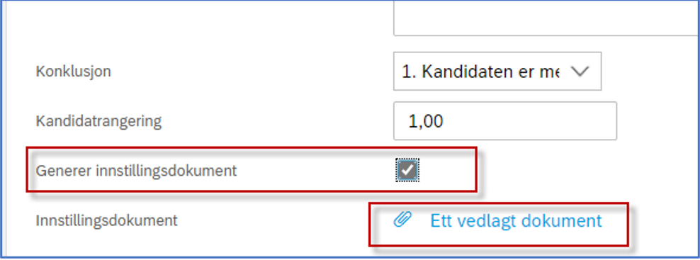 Skjermbilde  viser når dokumentet er ferdig generert og klart til å lastes ned. Da står det "Ett vedlagt dokument" ved felt "innstillingsdokument"