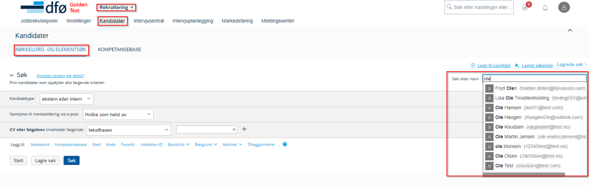 Bildet viser hvordan du kan søke etter kandidat i kandidatdatabasen.