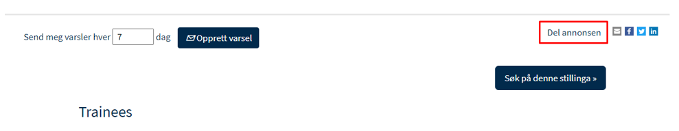 Skjermbilde som viser at du kan dele en annonse på eksempelvis facebook, linkedin, twitter eller epost.