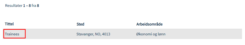 Skjermbilde som viser hvordan oversikt over ledige stillinger ser ut med "tittel", "sted" og "arbeidsområde"