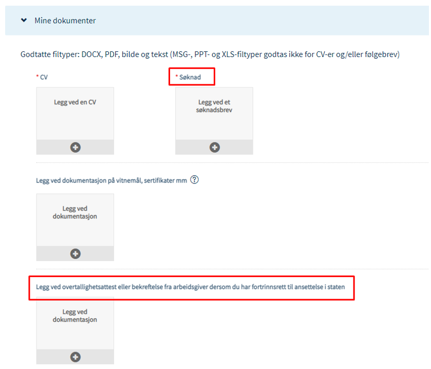 Skjermbilde som viser en oversikt over seksjon "mine dokumenter". Her legger du til "CV", "søknadsbrev", og "annen dokumentasjon"