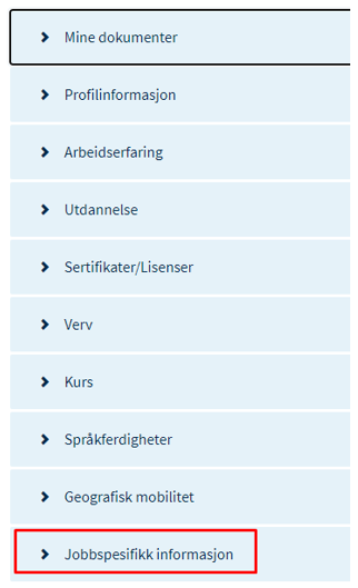 Skjermbilde som viser at det kommer en ny seksjon på kandidatprofilen når en sender inn en søknad :"jobbspesifikk informasjon".