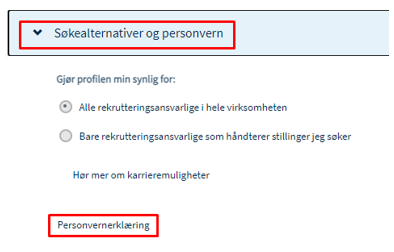 Skjermbilde som viser et utsnitt av seksjon "søkealternativer og personvern". Helt nederst i seksjonen finner du "personverneklæring"