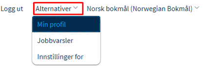 Skjermbilde som viser hvor du finner flisen "alternativer" som er øverst på siden, og at under "alternativer" kan du åpne "min profil", "jobbvarsler" og "innstillinger for".