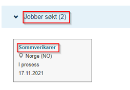 Skjermbilde som viser hvor du kan trekke søknaden. Du starter med å gå til seksjon "jobber søkt" og deretter klikke på aktuell søknad.