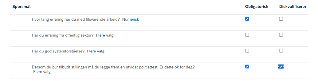 bildet viser hvordan du kan gjøre spørsmål obligatoriske ved å huke av for obligatorisk og diskvalifiserende. 