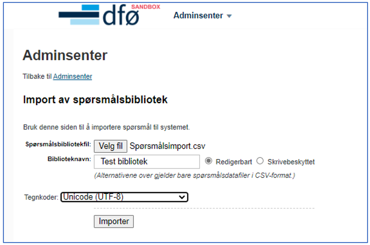 Skjermbilde: import av spørsmålsbibliotek i adminsenteret i DFØ HR