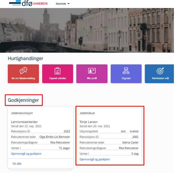 Skjermbilde som viser hvordan startsiden ser ut for rekrutterende leder når han/hun har et gjøremål som godkjenning av tilbud