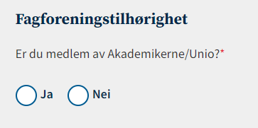 Skjermbildet viser radioknappene ja og nei ved fagforeningstilhørighet