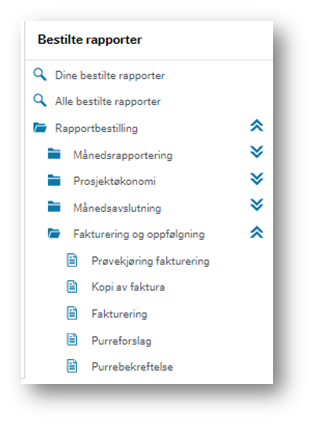 Oversikt over menyen for Bestilte rapporter.