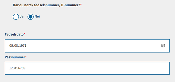 Skjermbildet viser felter for fødselsdato og passnummer