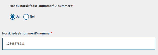 Skjermbildet viser felt for norsk personnummer