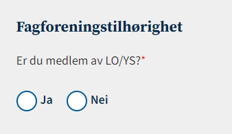 Skjermbildet viser radioknappene ja og nei ved fagforeningstilhørighet