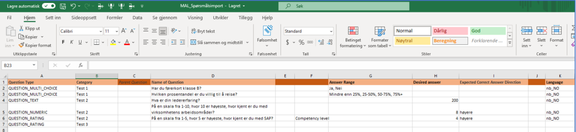 Skjermbilde av excel-fil med spørsmål til spørsmålsbiblioteket i DFØ HR