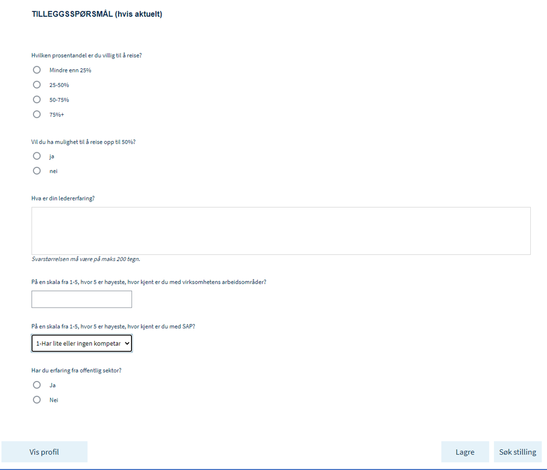 Skjermbilde fra DFØ HR som viser hvordan tilleggsspørsmål ser ut for kandidaten