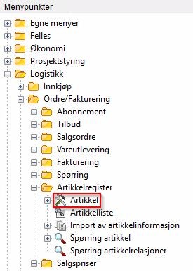 Markering av hvor du finner menypunktet Artikkel i menyen.