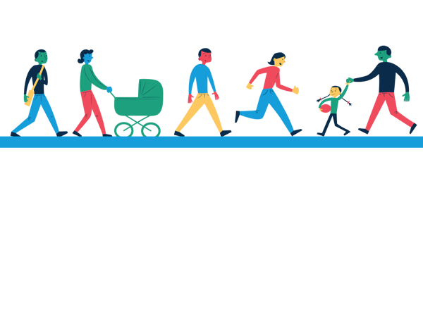 Illustrasjonen viser folk som går og løper.