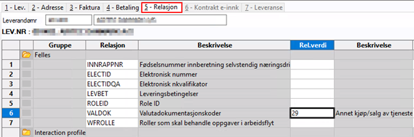 Val.dok-relasjon registrerer du i fane 5 på leverandøren.