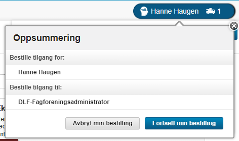 Skjermbildet viser oppsummeringen av bestillingen. Her ser du en oversikt over hvem du har bestilit tilgang til, og hvilke roller.