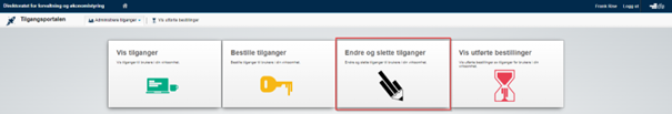 Skjermbildet viser funksjonen "endre og slette tilganger" i tilgangsportalen.