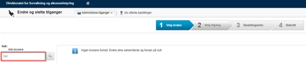 Skjermbildet viser søkefeltet under "endre og slette tilganger."