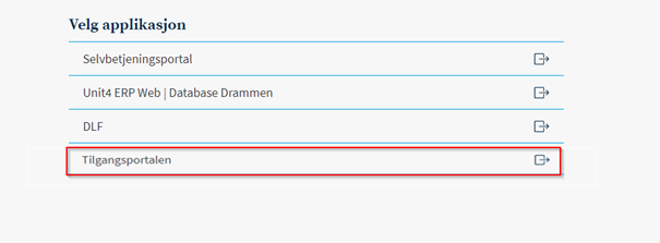 Skjermbildet viser at du finner tilgangsportalen under "velg applikasjon."