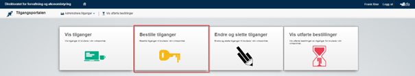 Skjermbildet viser funksjonen "bestille tilganger" i tilgangsportalen.