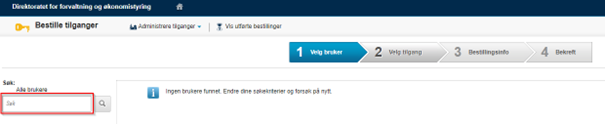 Skjermbildet viser søkefeltet under "bestille tilganger."