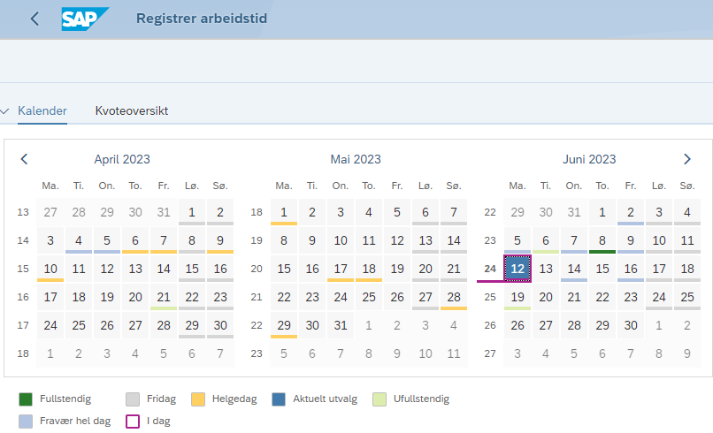 Skjermbilde av ny visning i kalender under "Registrer arbeidstid" i selvbetjeningsportalen.