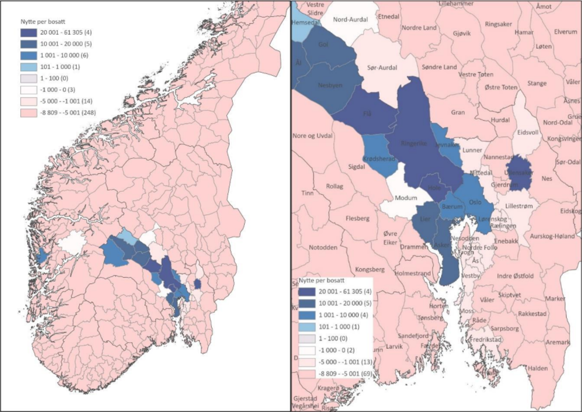 Kart over Sør-Norge som illustrerer hvordan Geofordelingsmodellen fordeler netto nytte.
