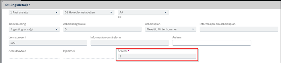 Skjermbilde av felt for årsverk under stillingsdetaljer i DFØ HR