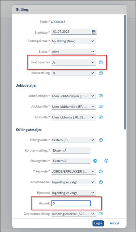 Skjermbilde av stilling og feltene "Skal besettes" og "Årsverk" i DFØ HR