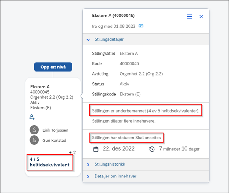 Skjermbilde av stillingsdetaljer med bemanning av stilling i DFØ HR