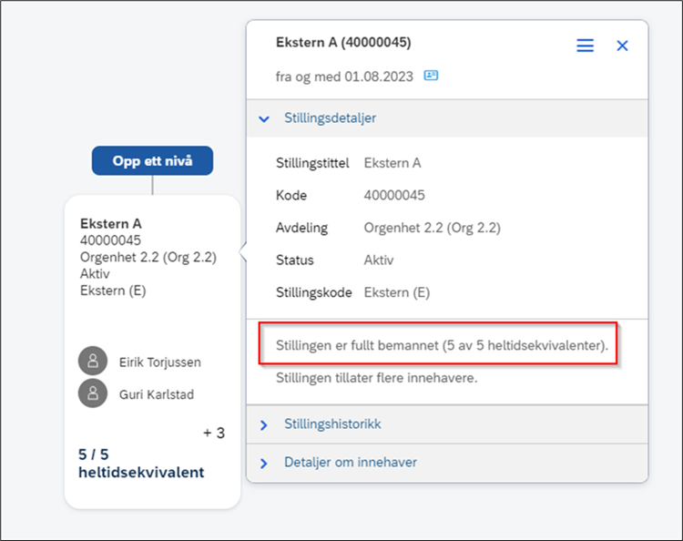 Skjermbilde av stillingsdetaljer med bemanning av stilling i DFØ HR