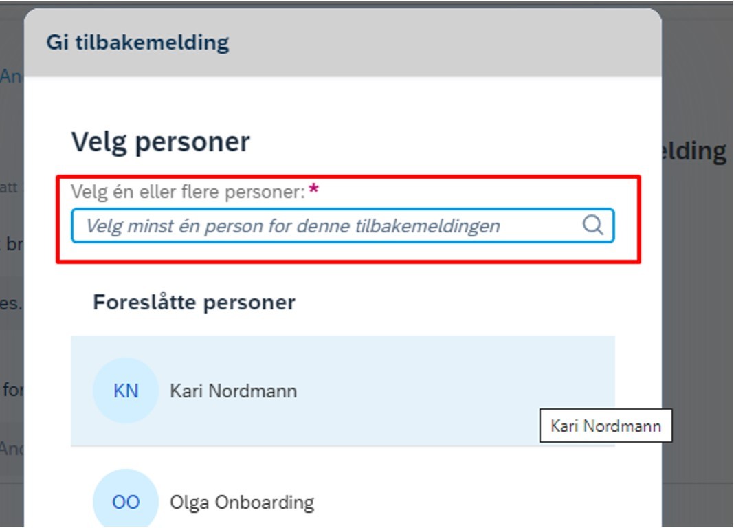 Skjermbilde fra DFØ HR Medarbeiderutvikling, tilbakemelding, gi tilbakemelding, velg person