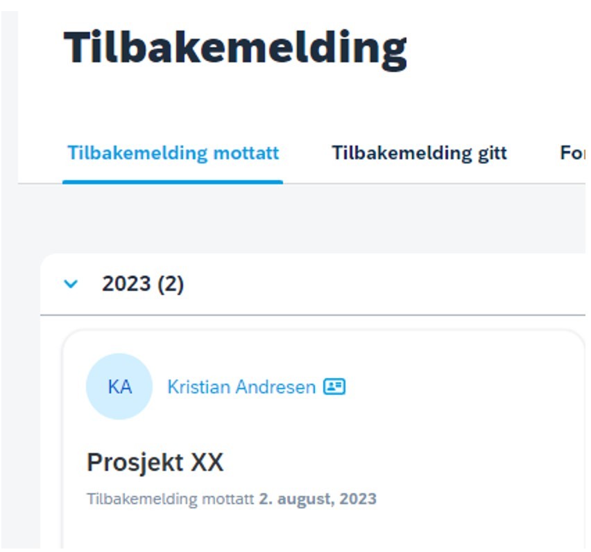 Skjermbilde fra DFØ HR Medarbeiderutvikling, tilbakemelding, tilbakemelding mottatt