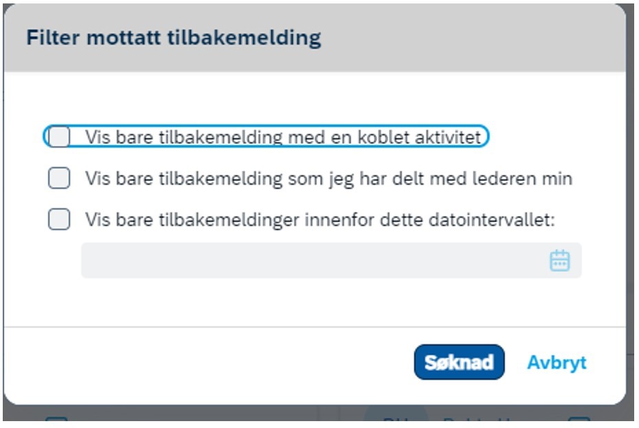 Skjermbilde fra DFØ HR Medarbeiderutvikling, tilbakemelding, filter